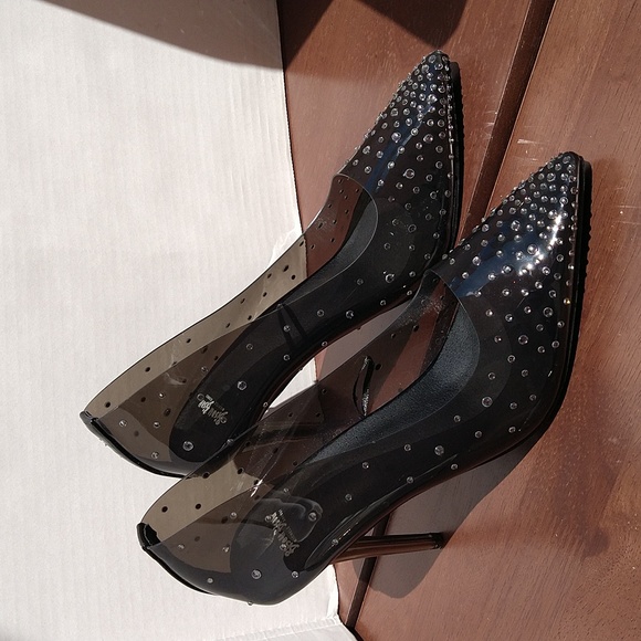 Bisou Bisou Smoke Clear Vinyl Stiletto Rhinestones Stiletto Heels - Picture 3 of 17